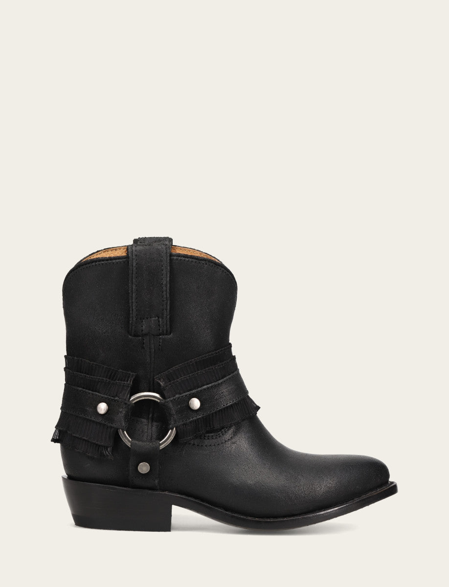 Frye Featured | Women's Black Billy Harness Ruffle Boots