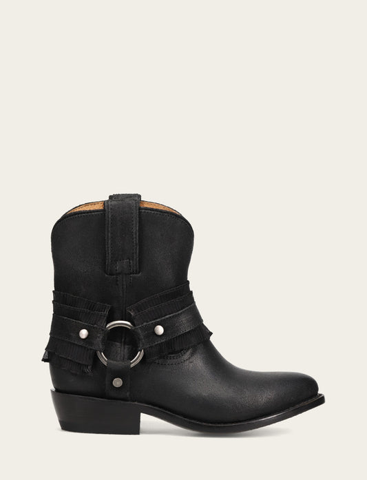 Frye Featured | Women's Black Billy Harness Ruffle Boots