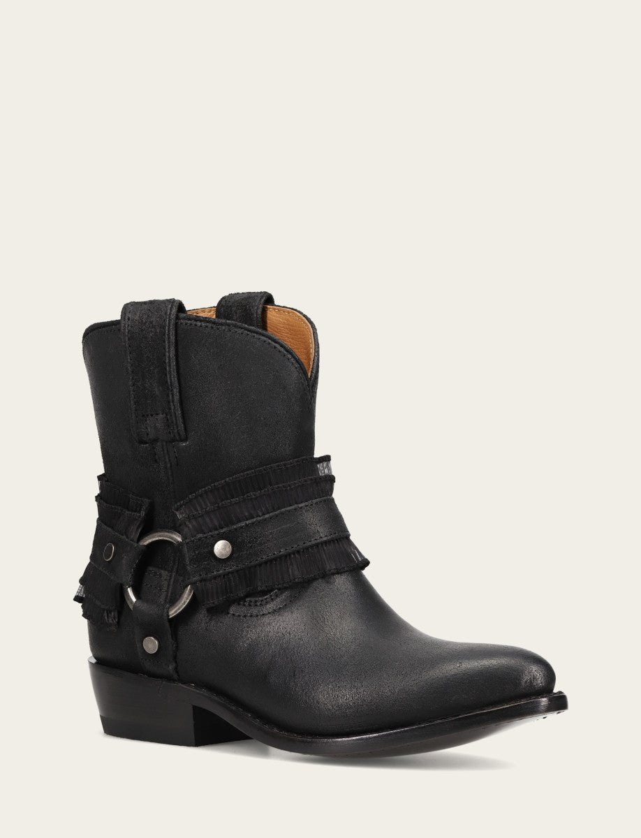 Frye Featured | Women's Black Billy Harness Ruffle Boots