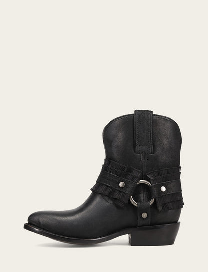 Frye Featured | Women's Black Billy Harness Ruffle Boots