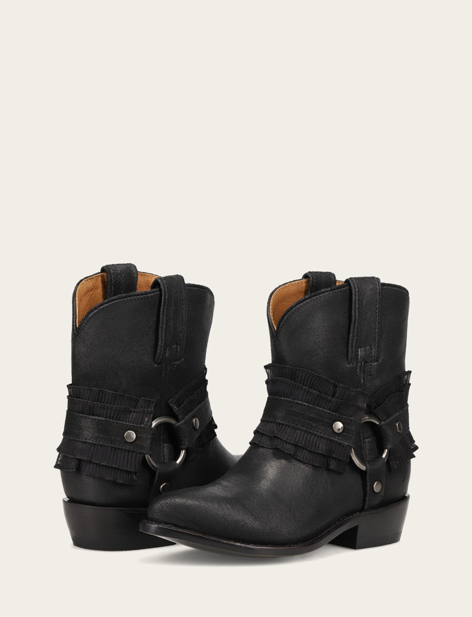 Frye Featured | Women's Black Billy Harness Ruffle Boots
