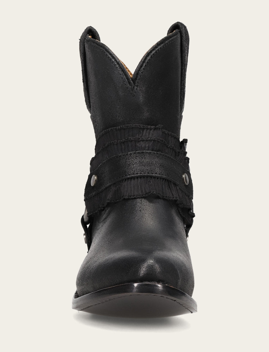 Frye Featured | Women's Black Billy Harness Ruffle Boots