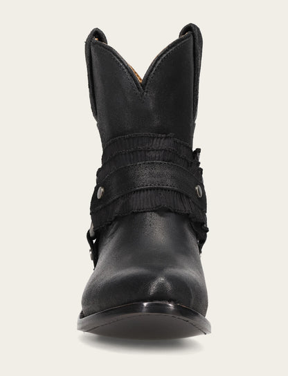 Frye Featured | Women's Black Billy Harness Ruffle Boots
