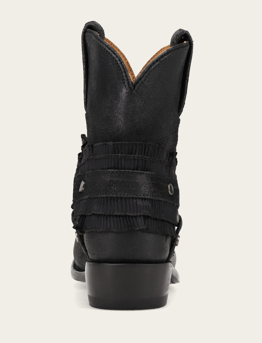 Frye Featured | Women's Black Billy Harness Ruffle Boots