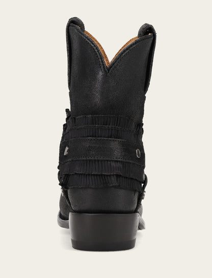 Frye Featured | Women's Black Billy Harness Ruffle Boots