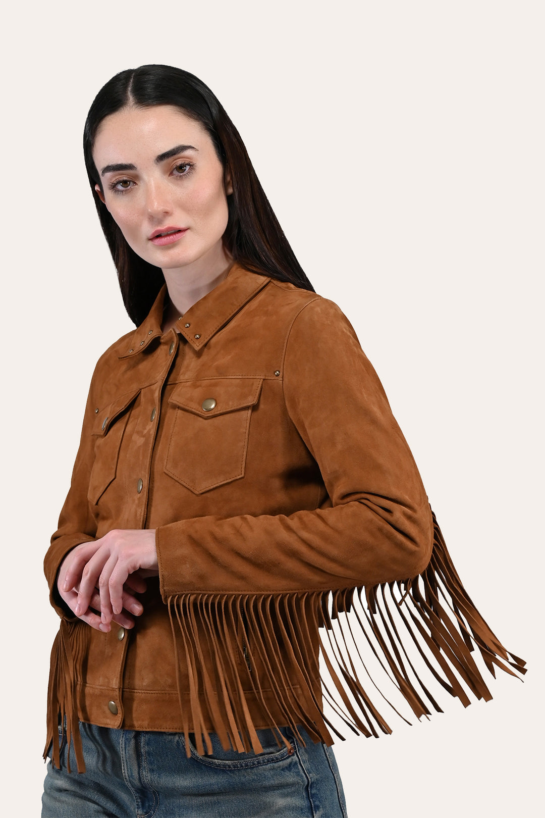 Frye Latest | Women’s Medium Brown Nash Fringed Suede Trucker Jacket