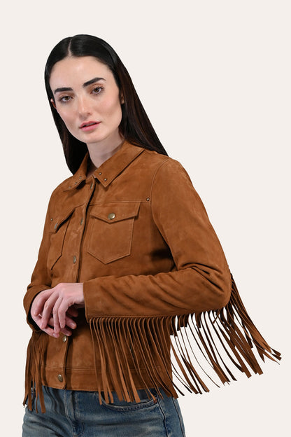 Frye Latest | Women’s Medium Brown Nash Fringed Suede Trucker Jacket