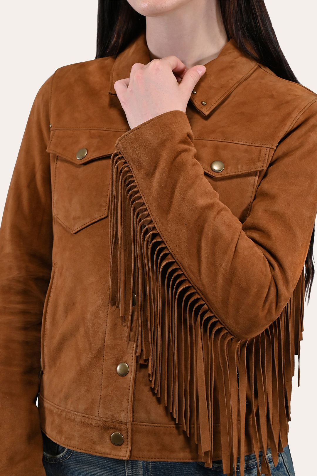 Frye Latest | Women’s Medium Brown Nash Fringed Suede Trucker Jacket