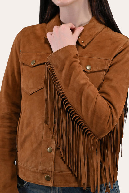 Frye Latest | Women’s Medium Brown Nash Fringed Suede Trucker Jacket