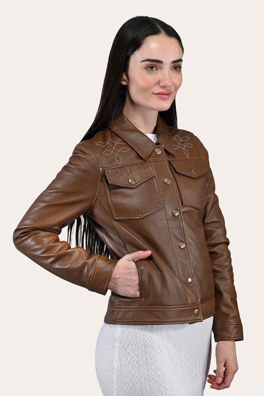 Frye Essential | Women’s Medium Brown Callum Trucker Leather Jacket