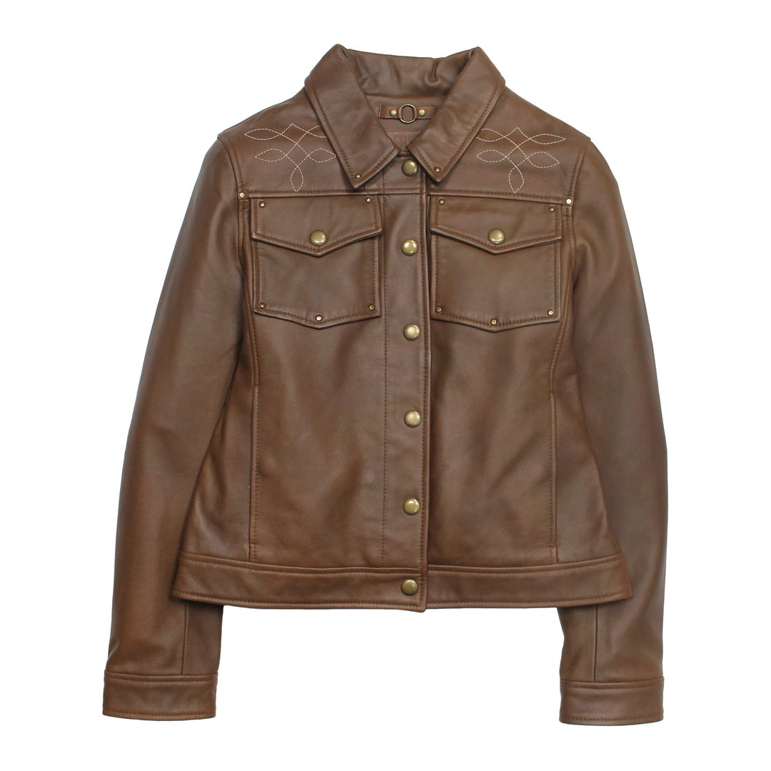 Frye Essential | Women’s Medium Brown Callum Trucker Leather Jacket