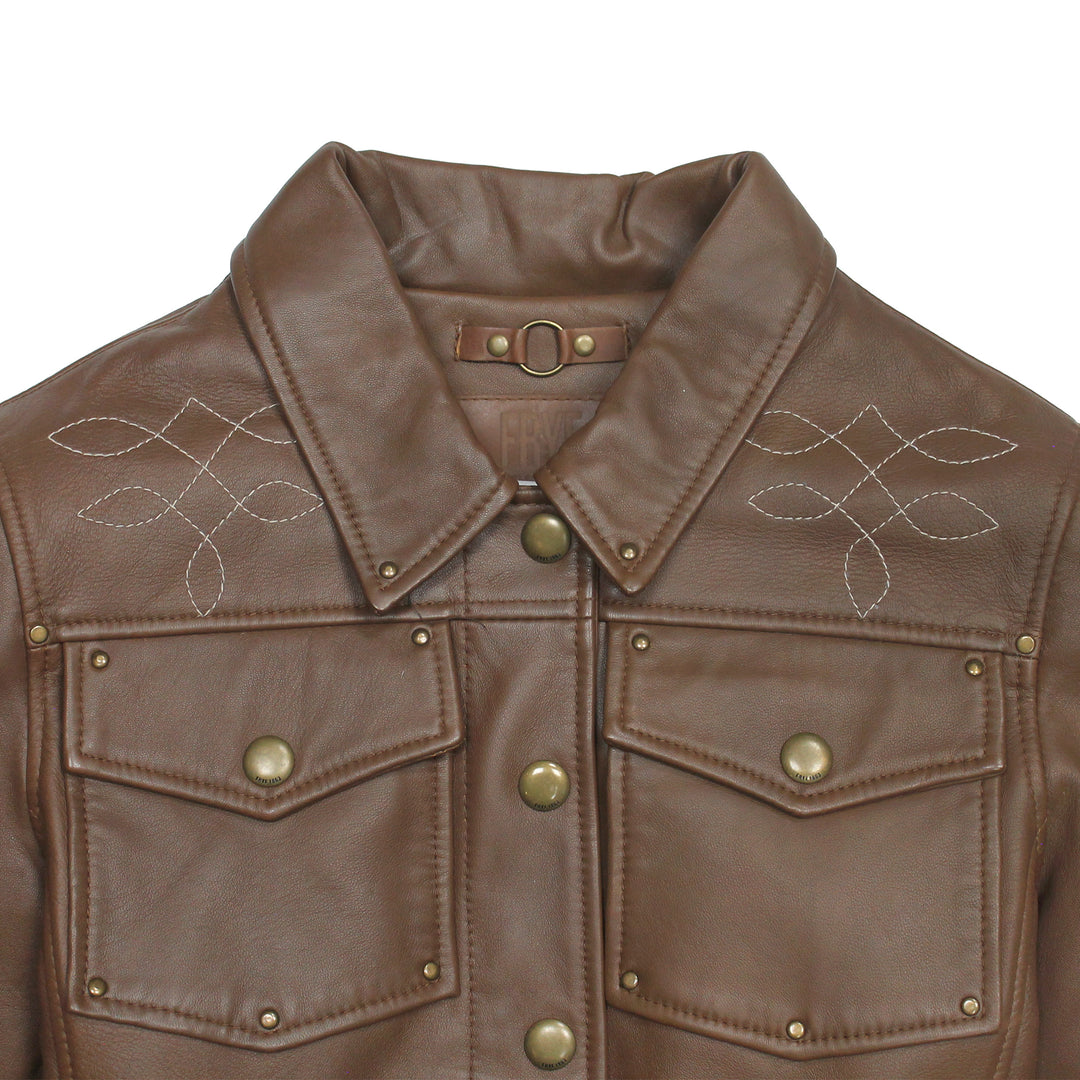 Frye Essential | Women’s Medium Brown Callum Trucker Leather Jacket