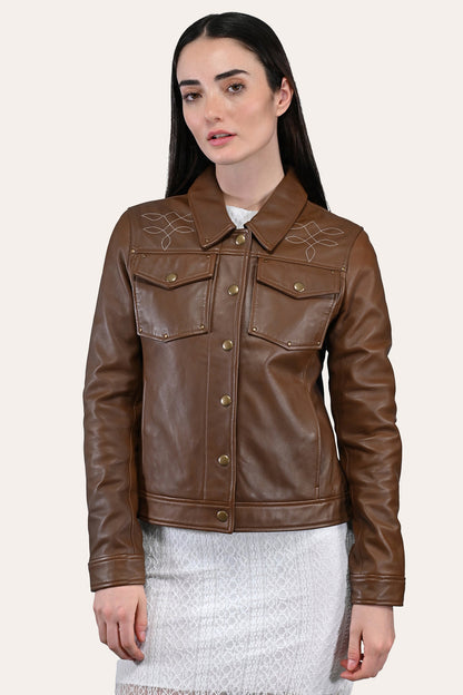 Frye Essential | Women’s Medium Brown Callum Trucker Leather Jacket