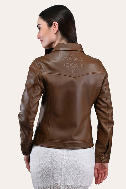 Frye Essential | Women’s Medium Brown Callum Trucker Leather Jacket