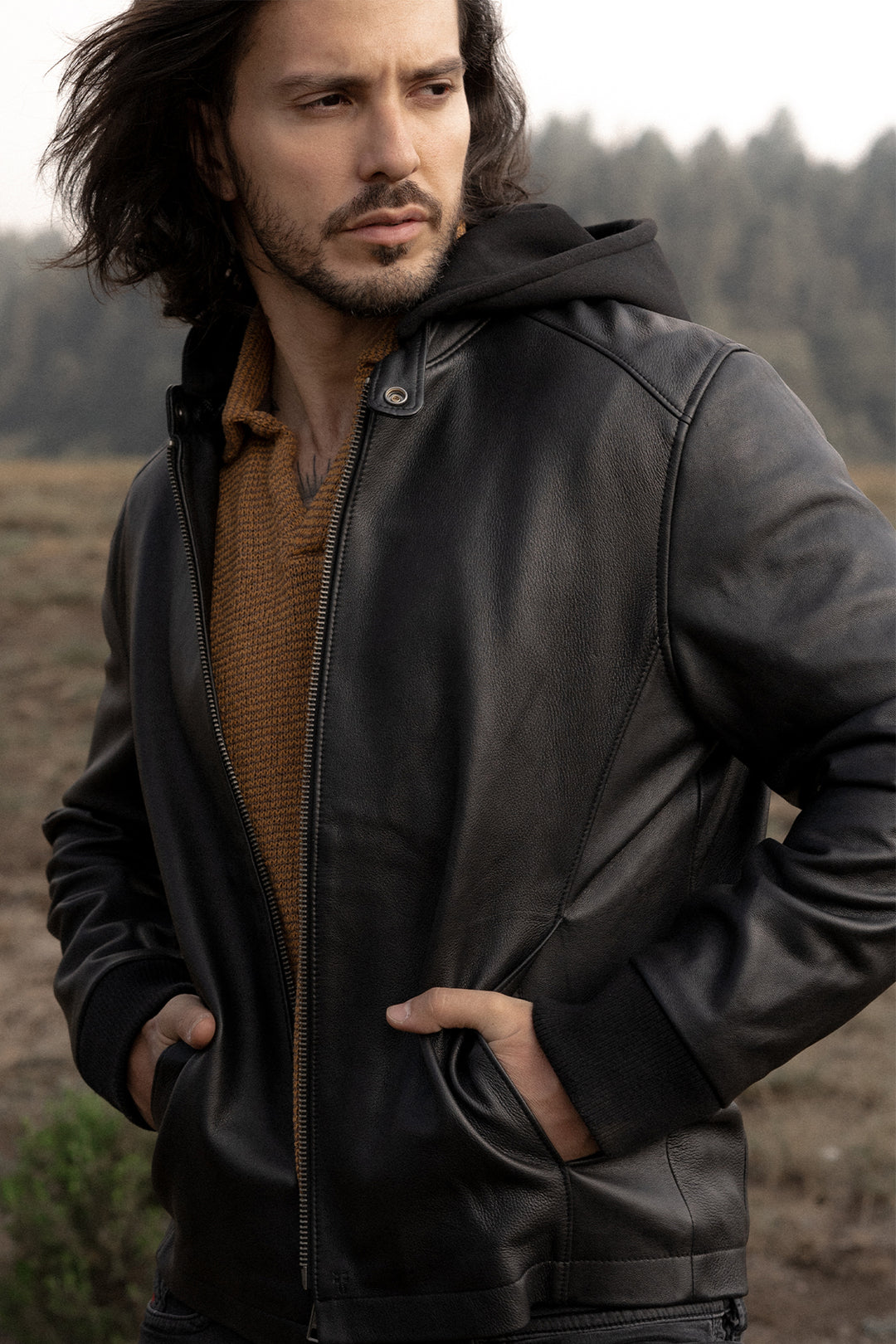 Frye Sale | Men’s Black Saddle Racer Leather Hooded Jacket