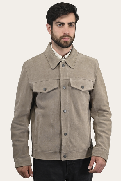 Frye Quality | Men’s Taupe Trailblazer Suede Trucker Jacket