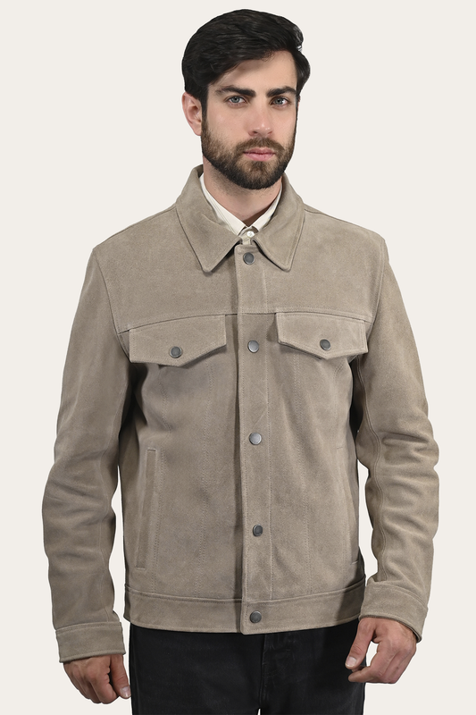 Frye Quality | Men’s Taupe Trailblazer Suede Trucker Jacket