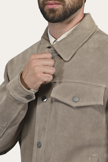 Frye Quality | Men’s Taupe Trailblazer Suede Trucker Jacket