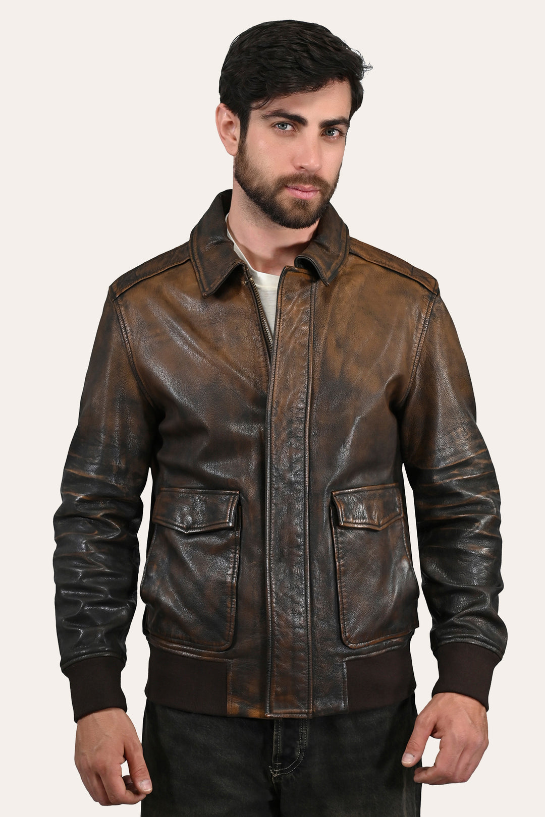Frye Hot Sale | Men’s Brown Beige Nebraska Bomber Leather Jacket